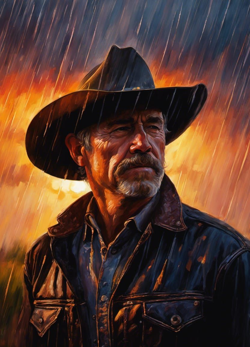 Cowboy Portrait in Impressionist Thunderstorm Sunset