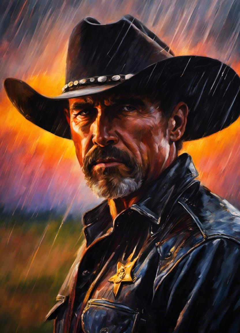 Impressionist Cowboy Portrait in Sunset Thunderstorm