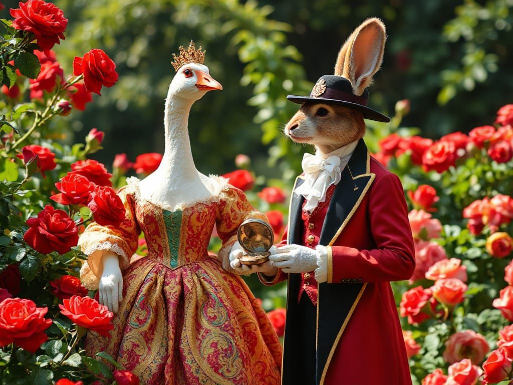 Whimsical Garden Scene with Regal Goose Queen and Easter Bun...