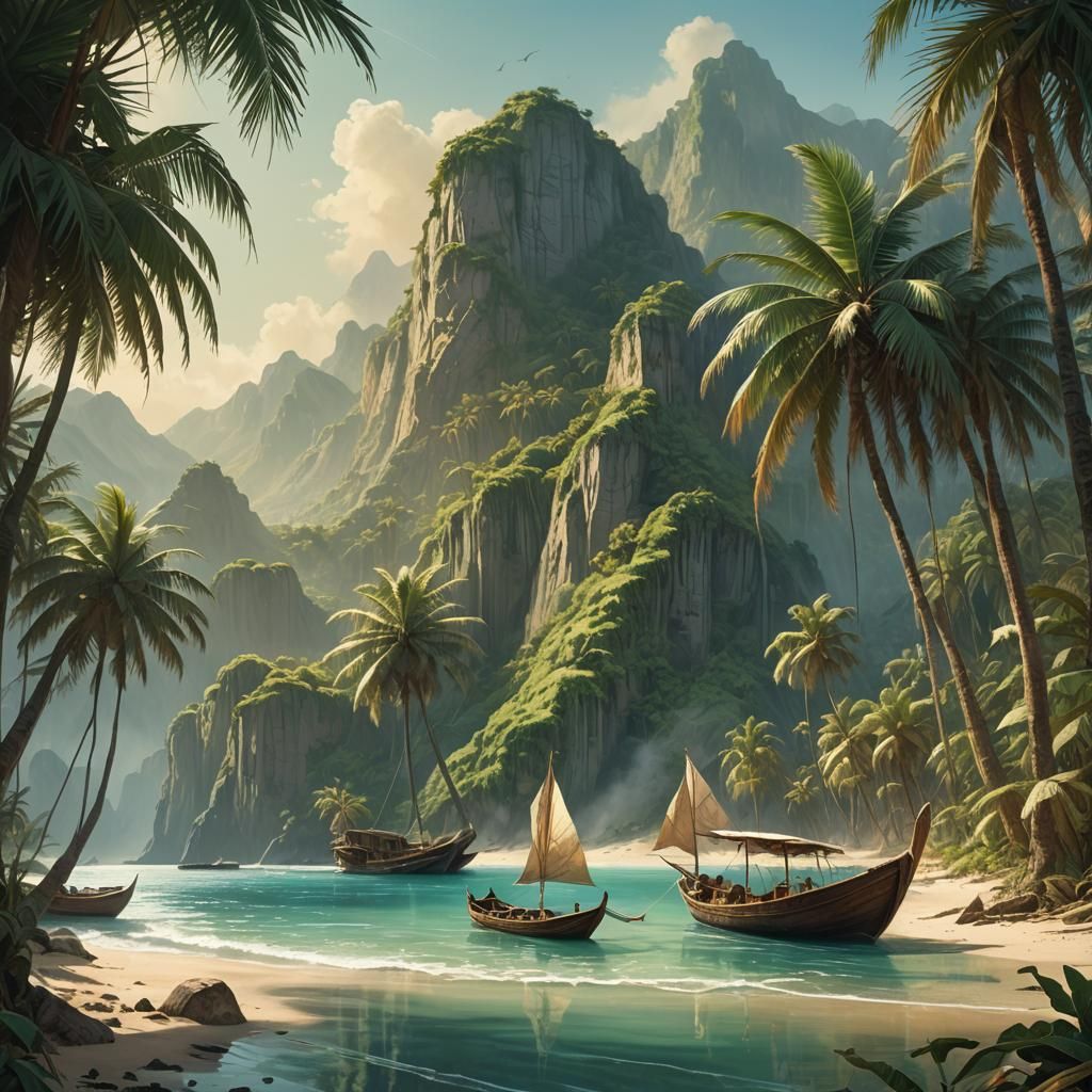 Palm Leaf Boats on Serene Beach in Art Nouveau Style