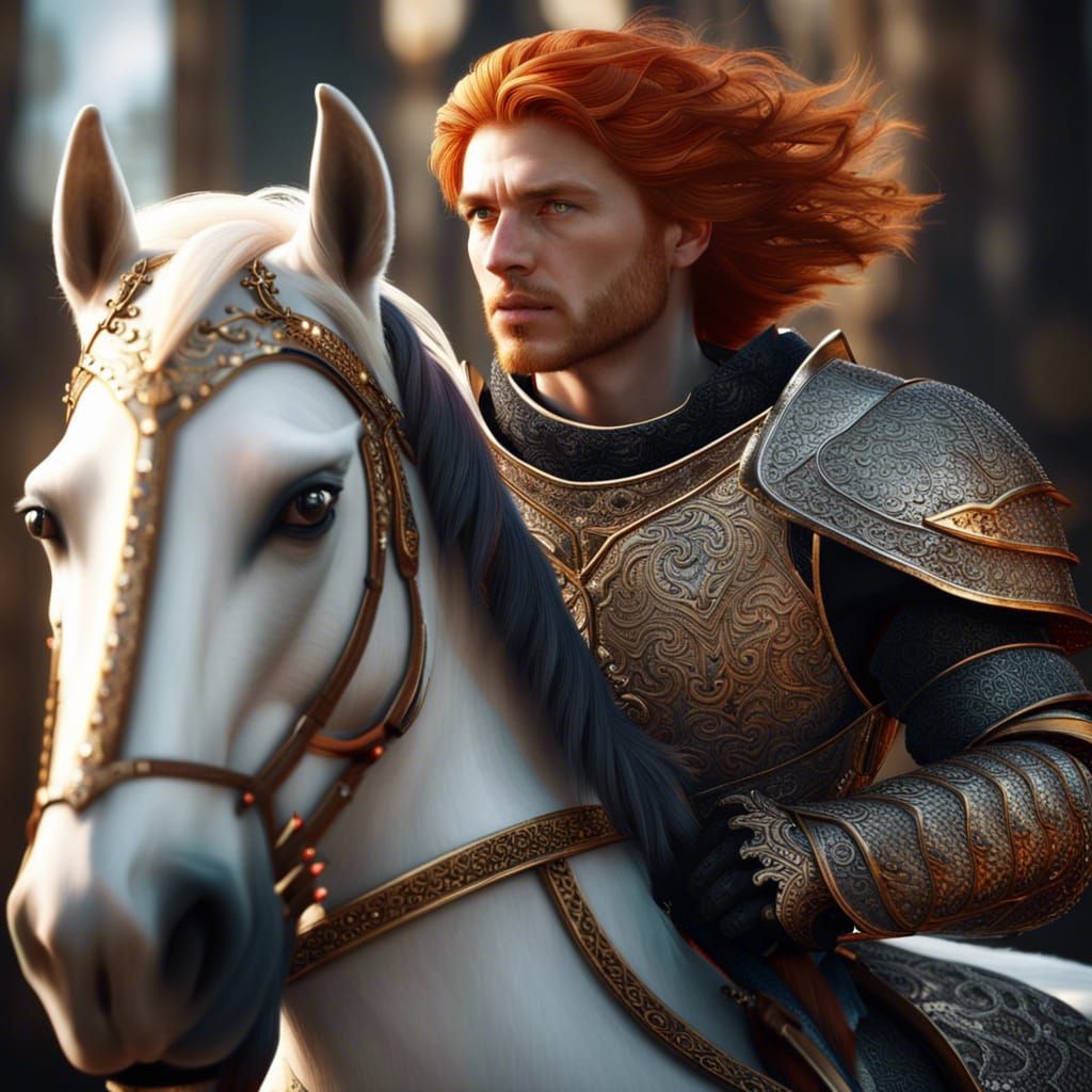 Red-Haired Knight on White Horse in Black and Gold Armor