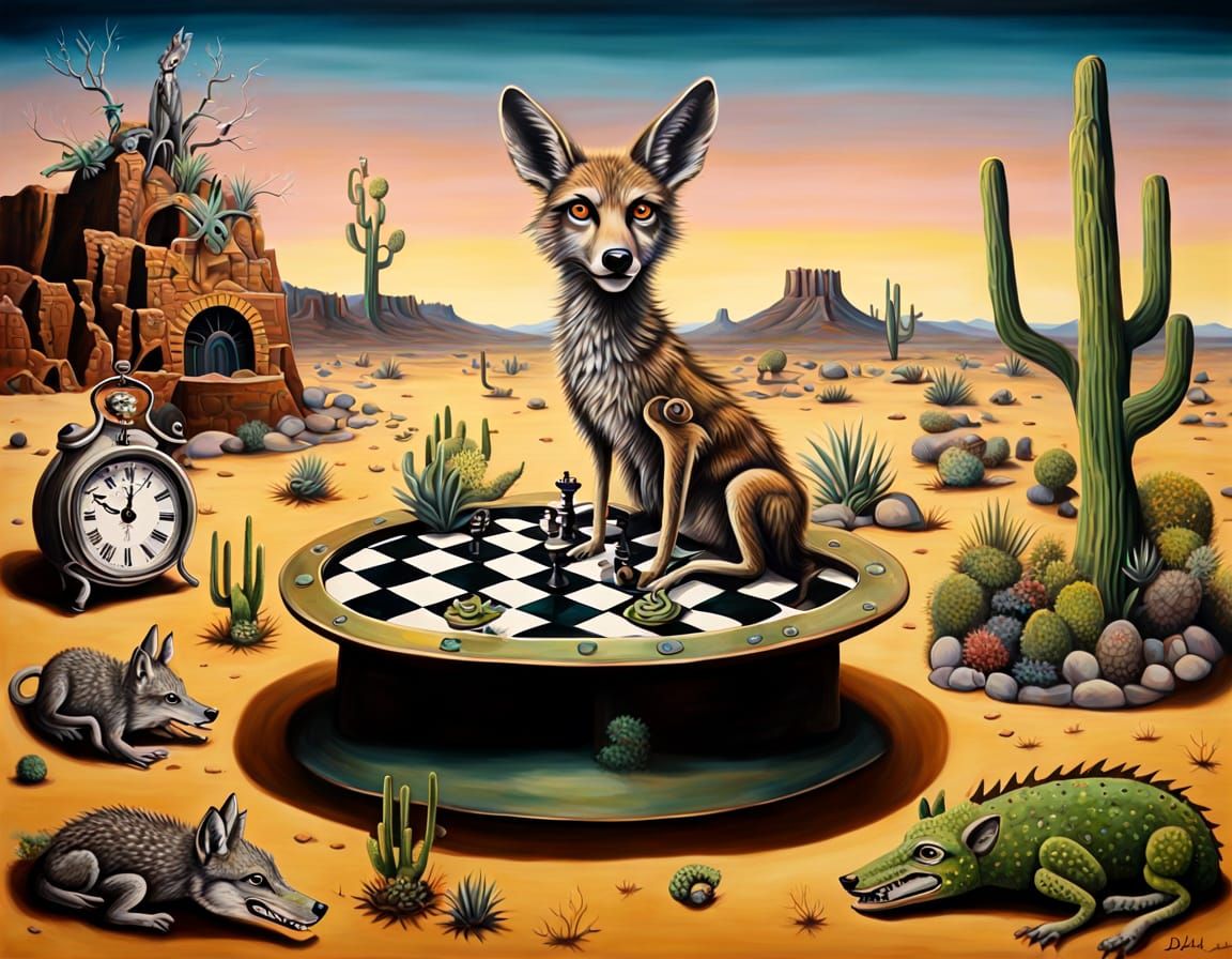 Surreal Clockwork Coyote in Arizona Landscape