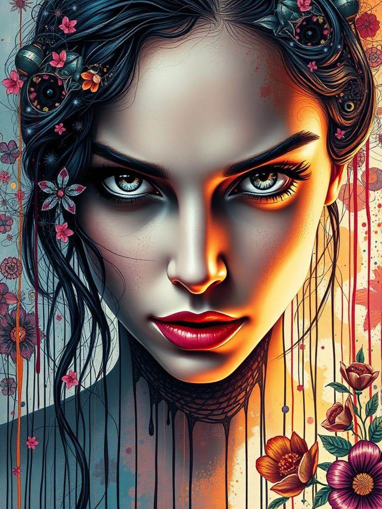 Mysterious woman with glowing eyes in graffiti style