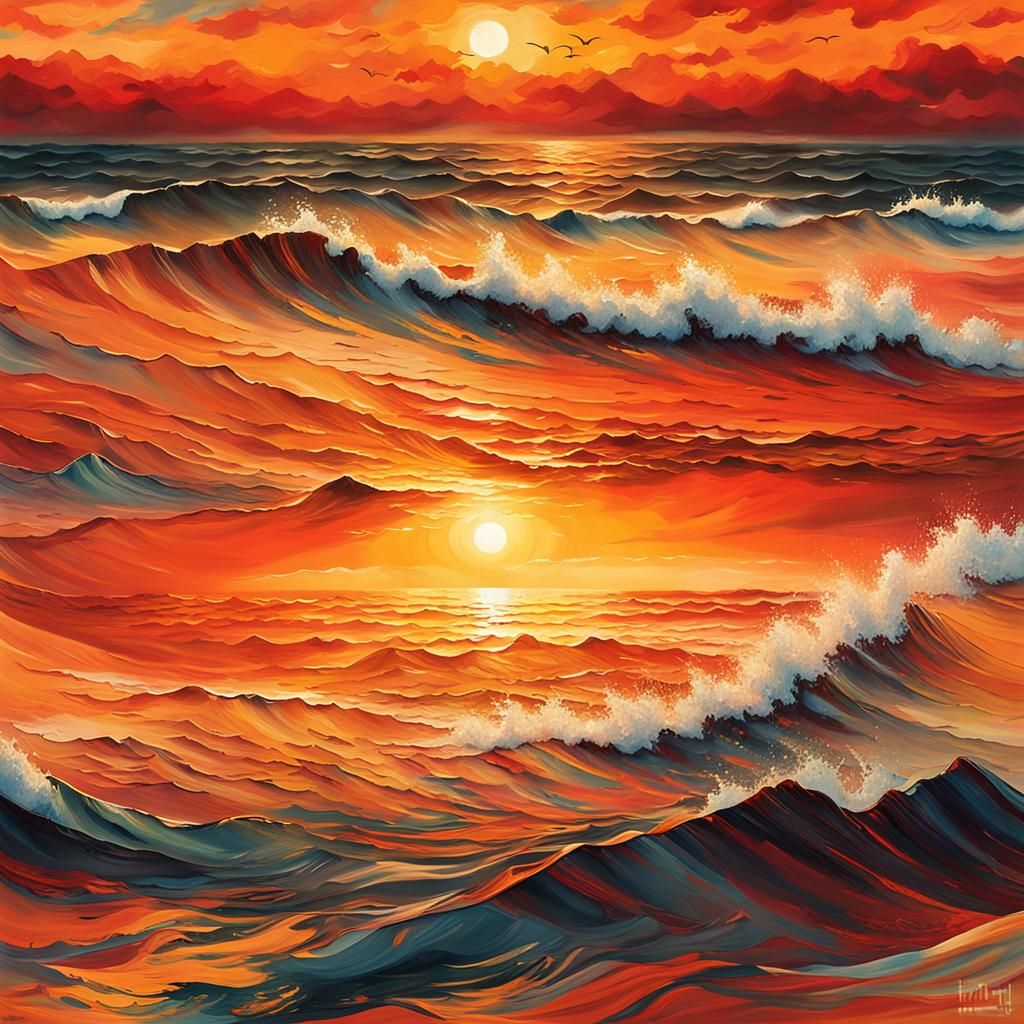 Vibrant Sunset Seascape with Detailed Waves