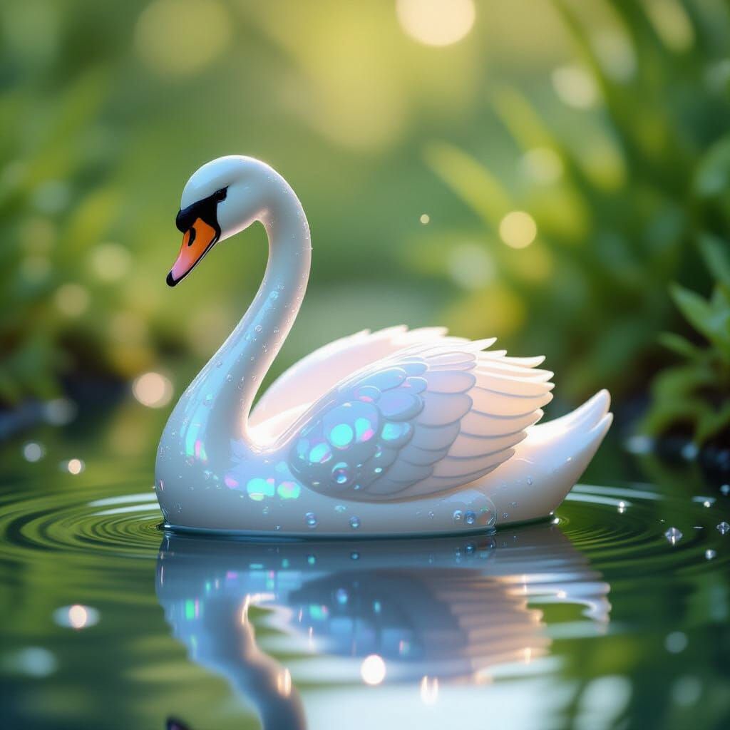 Iridescent Swan Figurine on Tranquil Pond