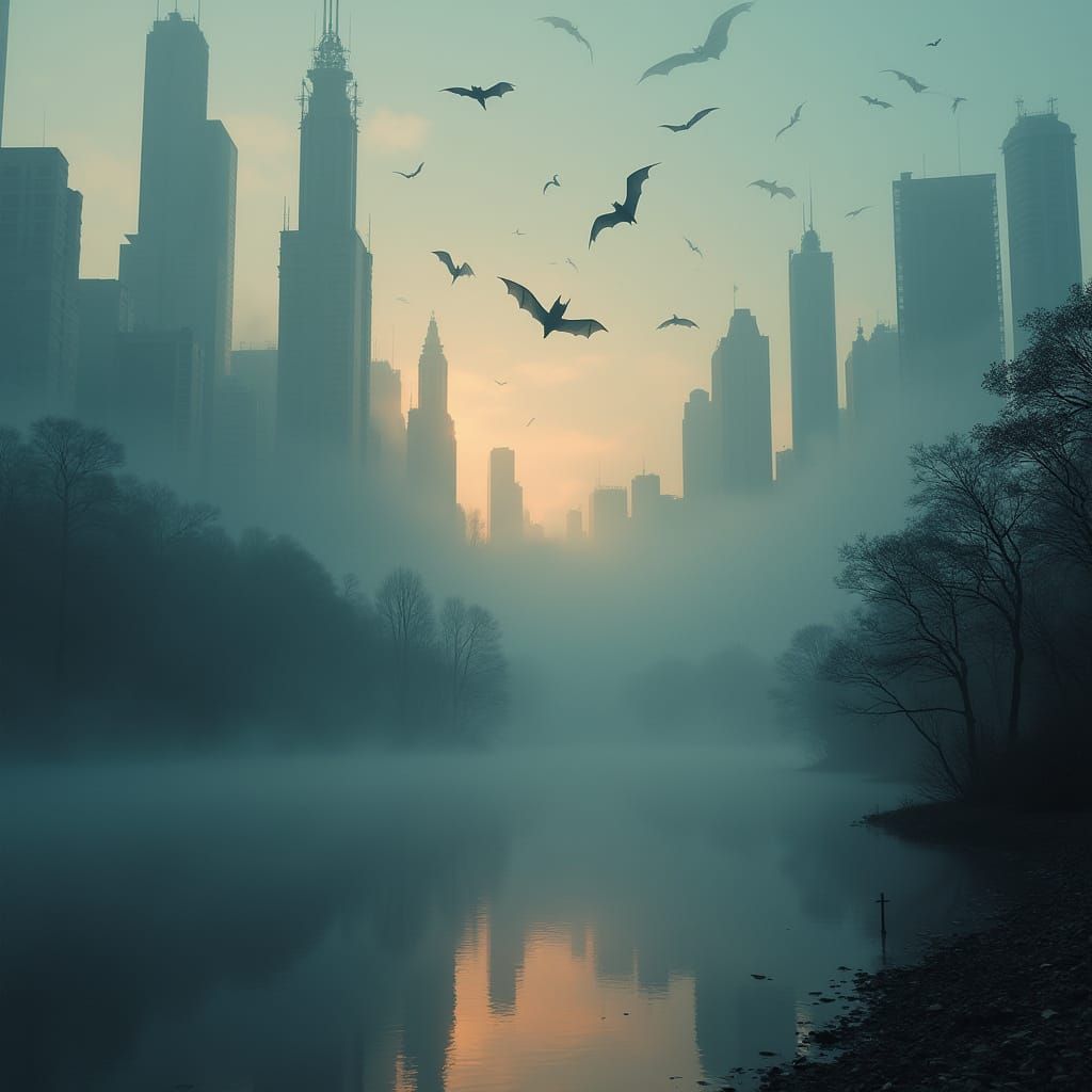 Ethereal Lake Cityscape Undergoes Bat Migration at Dusk