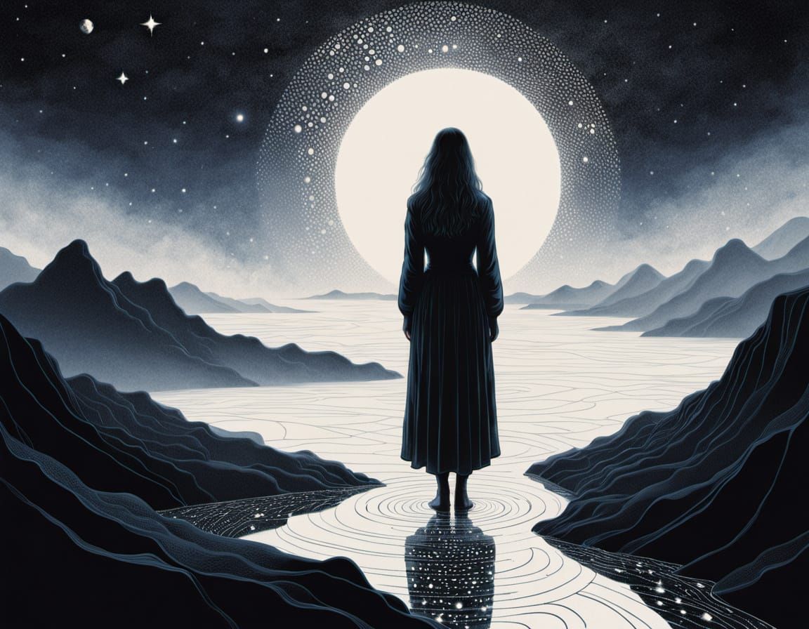 Lone Figure Contemplating Void in Surreal Watercolor