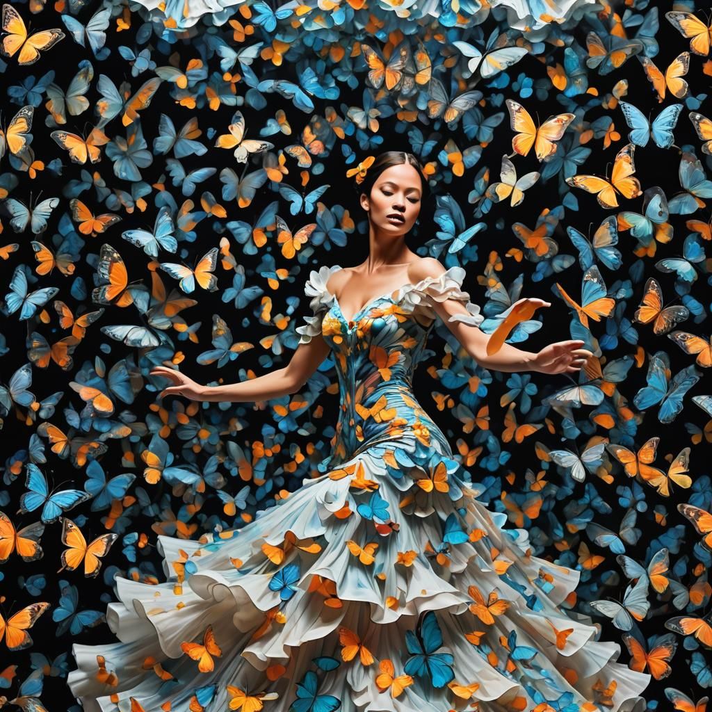 Flamenco Dancer in Bioluminescent Butterfly Gown, Cubist Art