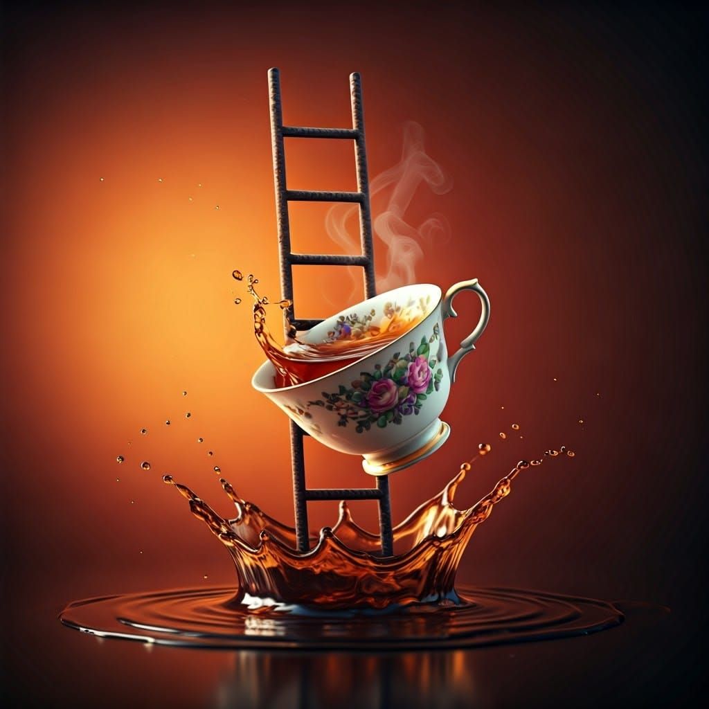 Antique Teacup Pierced by Ladder in Surreal Still Life