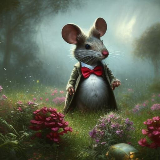 Mouse in Garden: Detailed Dark Fantasy Art