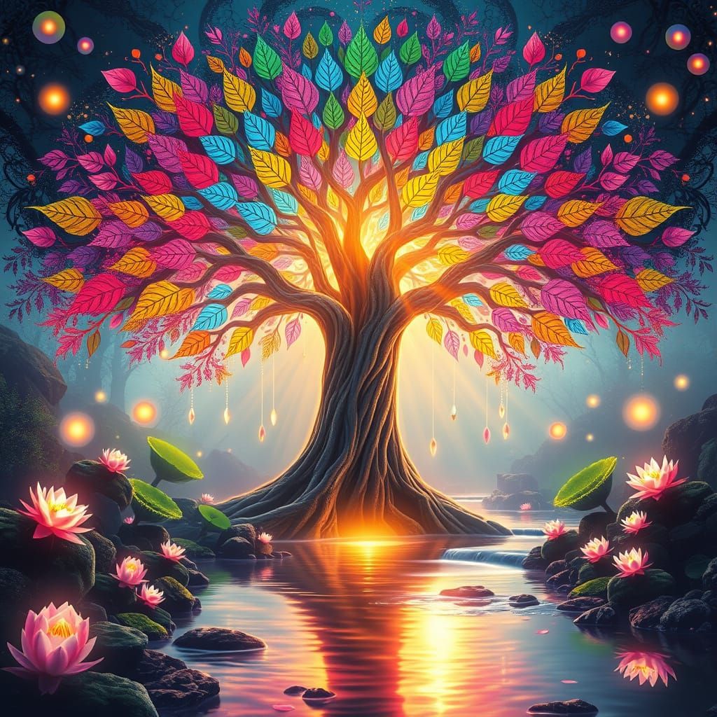 Kaleidoscopic Tree in Enchanted Forest: Fantasy Art