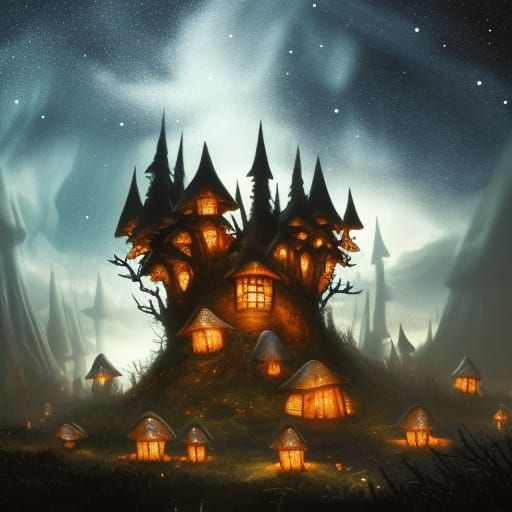 Mushroom Elf Village in a Starry Forest