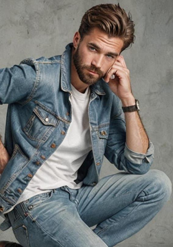 Young Male Model in Washed Denim, Photorealistic Studio Port...