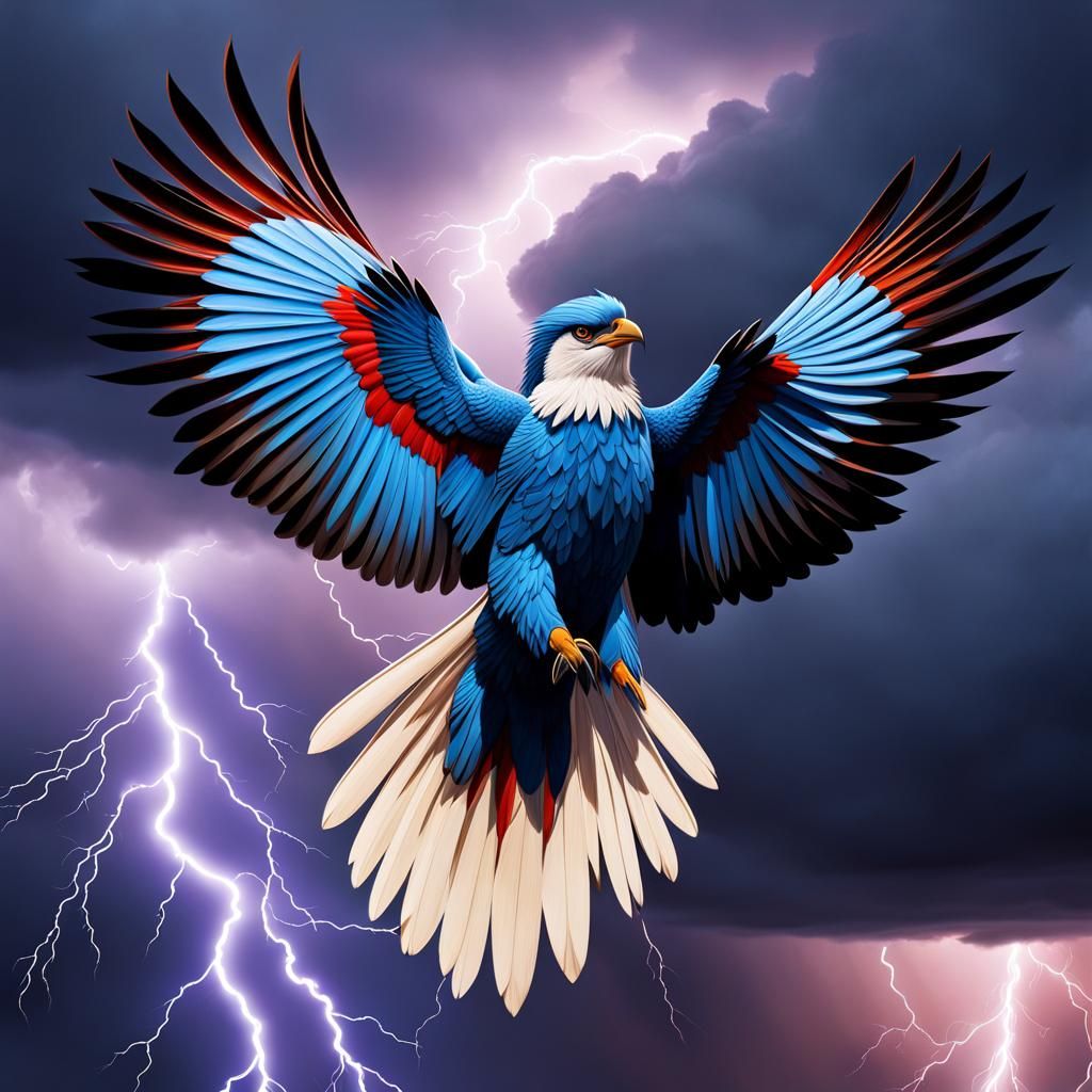 Native Amercan Thunderbird, Birds made  electricity,  Wings making lightning strikes, Lightning , Tail feathers trailing...
