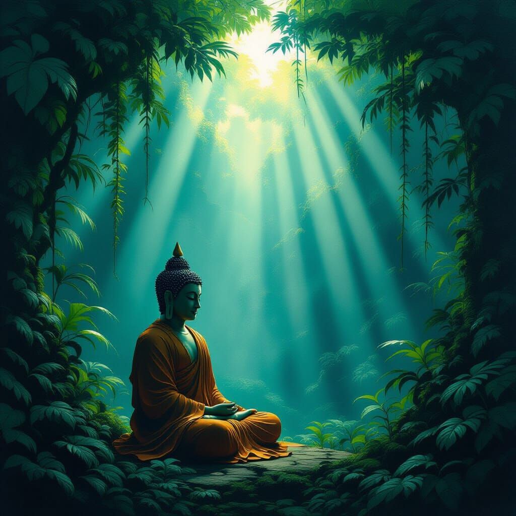 Starving Buddha in Rainforest Illuminated by Sunlight