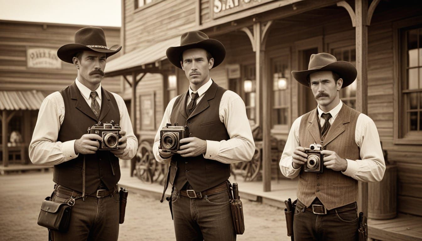 Vintage Sepia Photo of Cowboys and Photographer