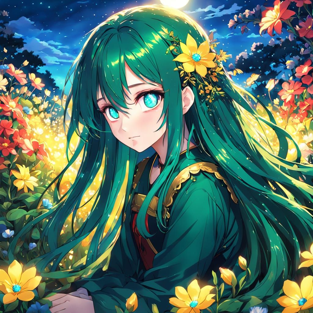 Girl with Green Hair in Anime Art Style