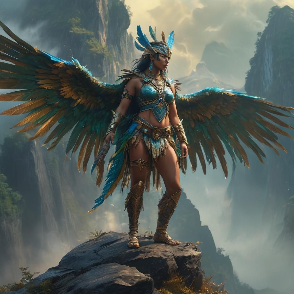 Amazonian Warrior with Wings in Vibrant Oil Painting