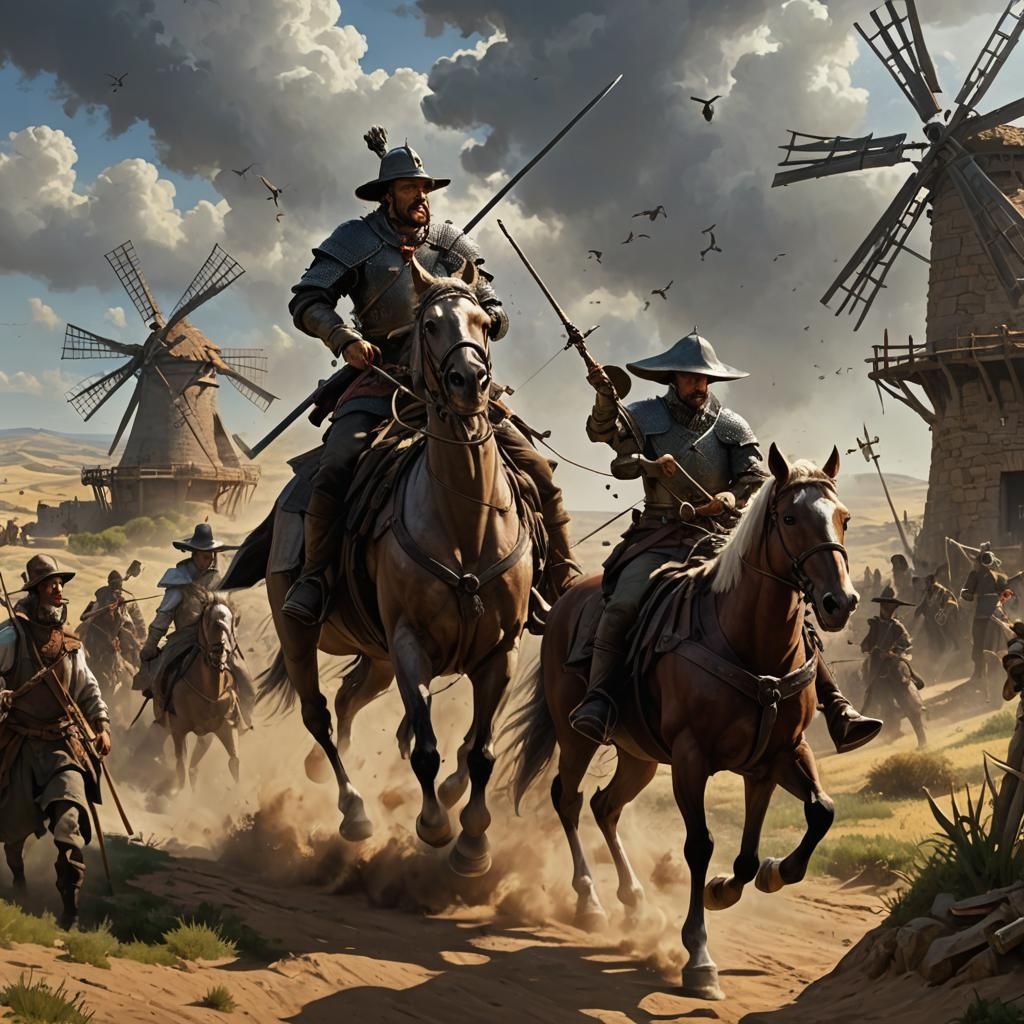 Don Quixote Attacks Windmills: Dark Fantasy Art