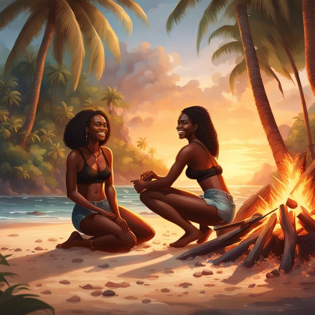 Fisherman and Woman by Fire Under Coconut Tree