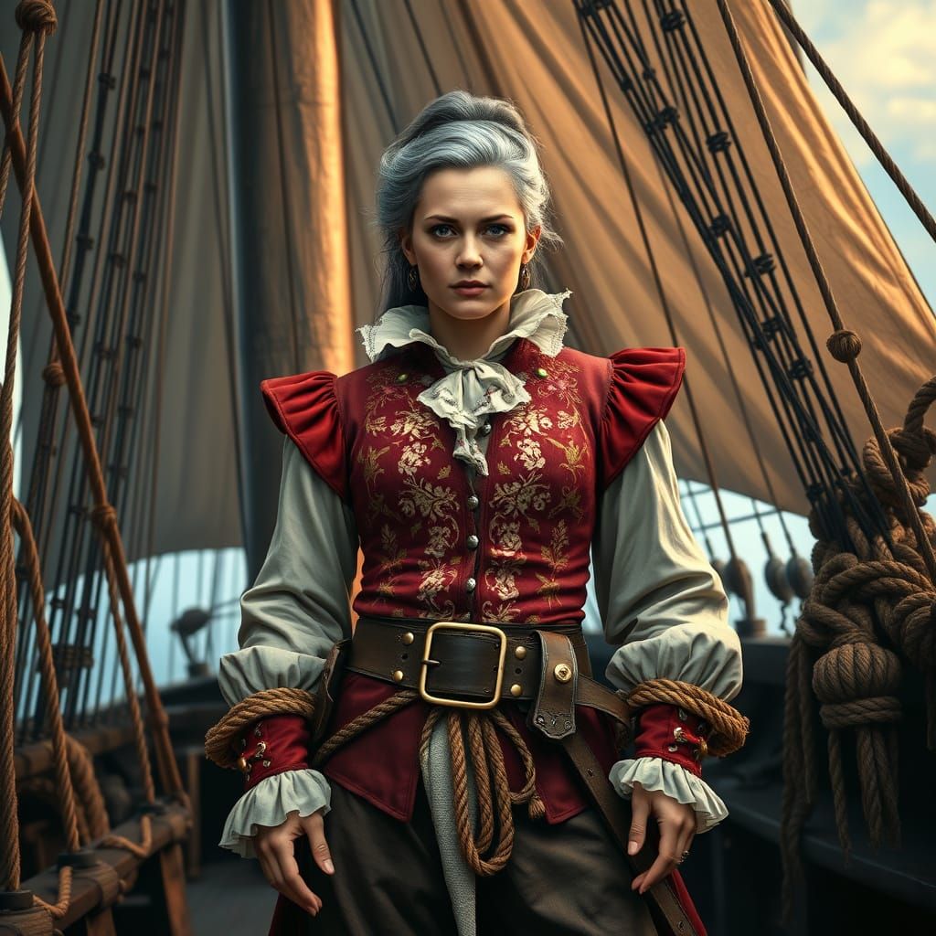 Regal Woman on Sailship Deck in Classic Fantasy Art Style