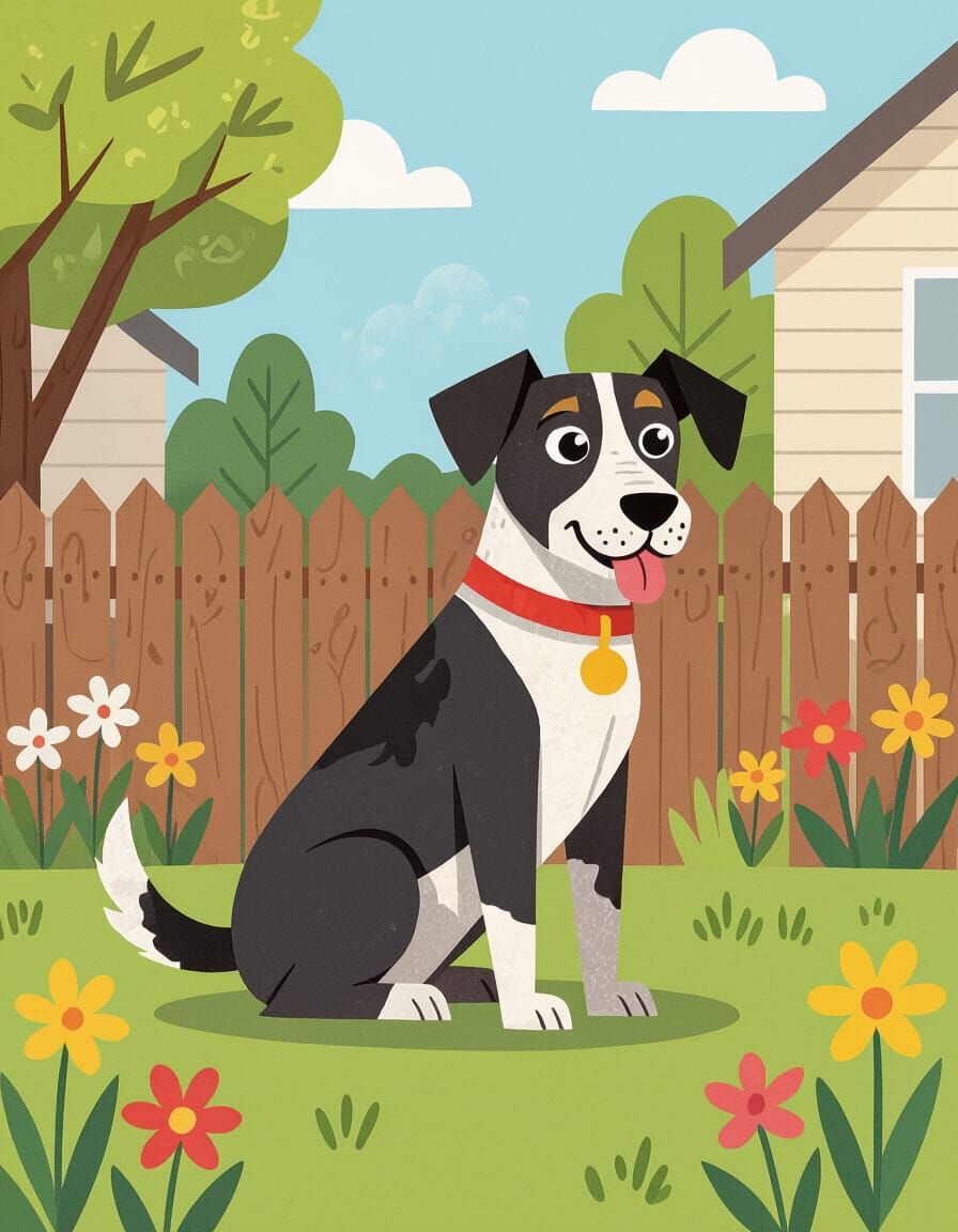 1950s Dog in Papercraft Style Backyard