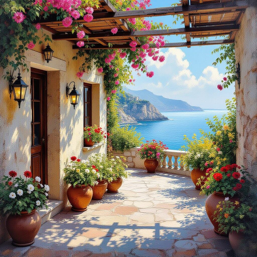 Mediterranean Seaside Estate Painting in Grungy Oil Style