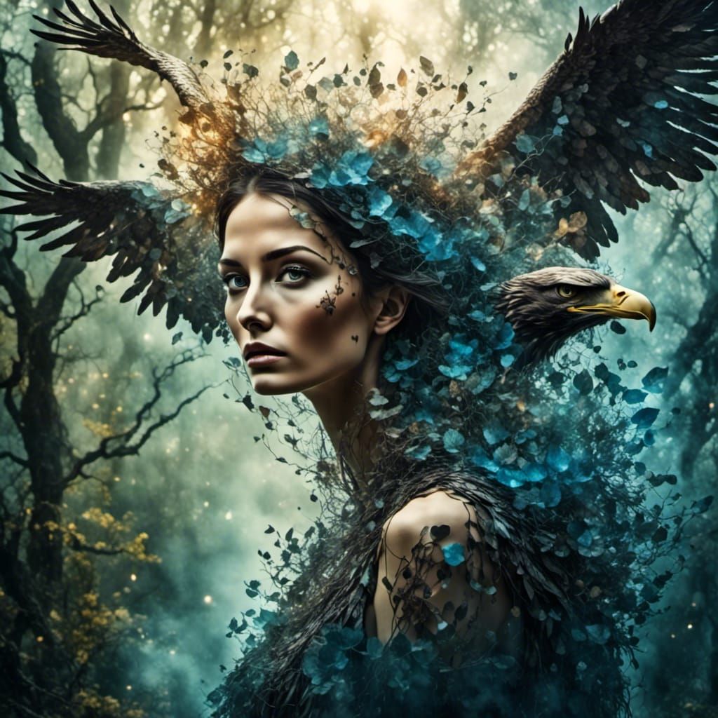 Surreal Eagle Transformation in Dreamlike Forest