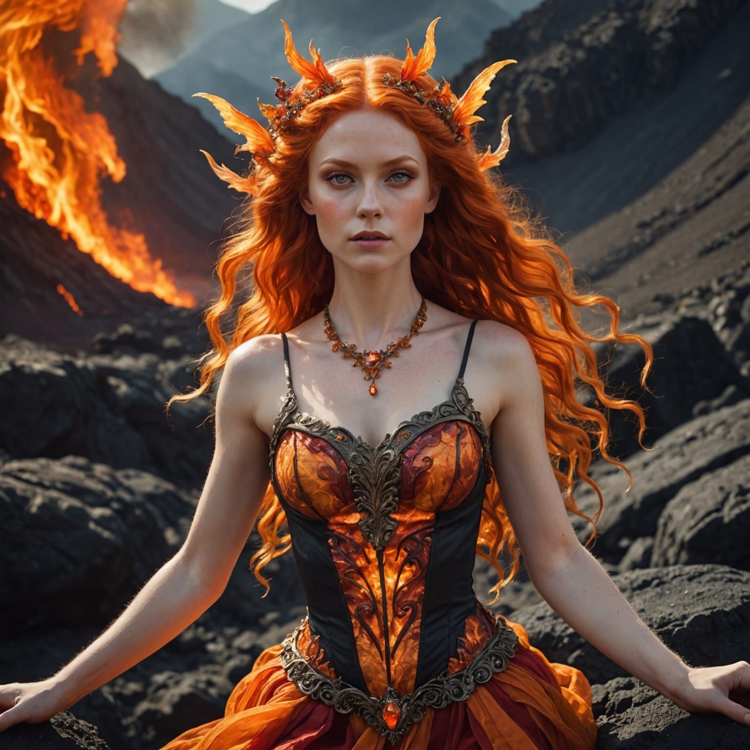Fire Haired Pixie Fairy Dances on Volcano