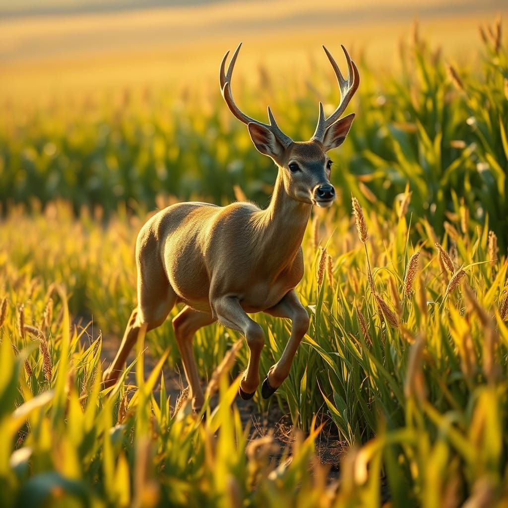 Majestic Deer Running Through Cornfield, Digital Matte Paint...