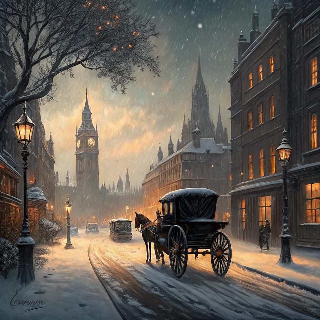 Victorian London Winter Scene in Impressionist Style