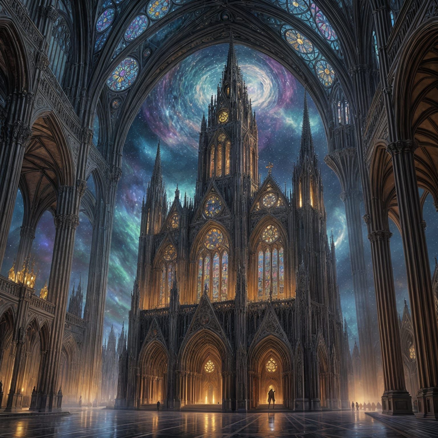 Gothic Cathedral in Cosmic Nebula Digital Painting