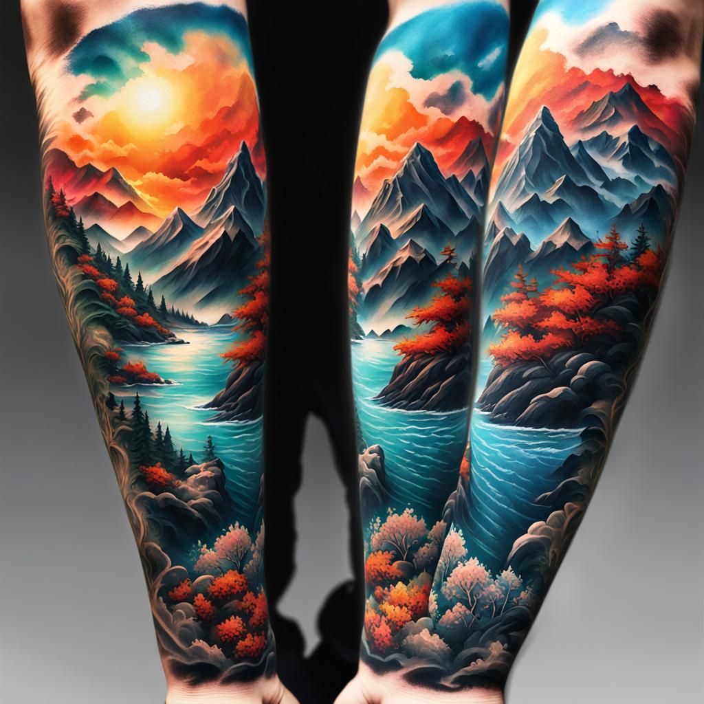 Nature Tattoo Sleeve: Mountains, Ocean, and Wildlife