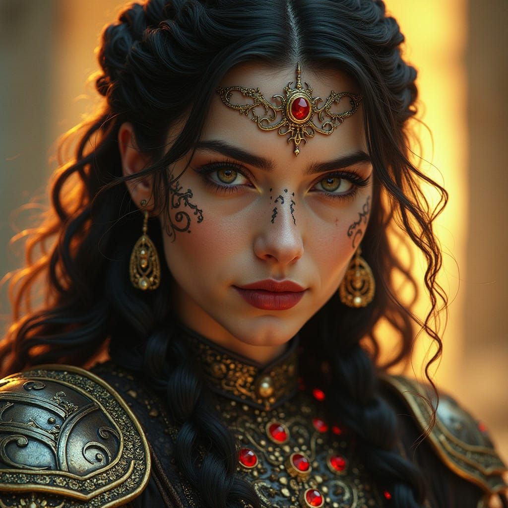 Majestic Kalashtar Cleric in Ornate Armor with Intricate Tat...