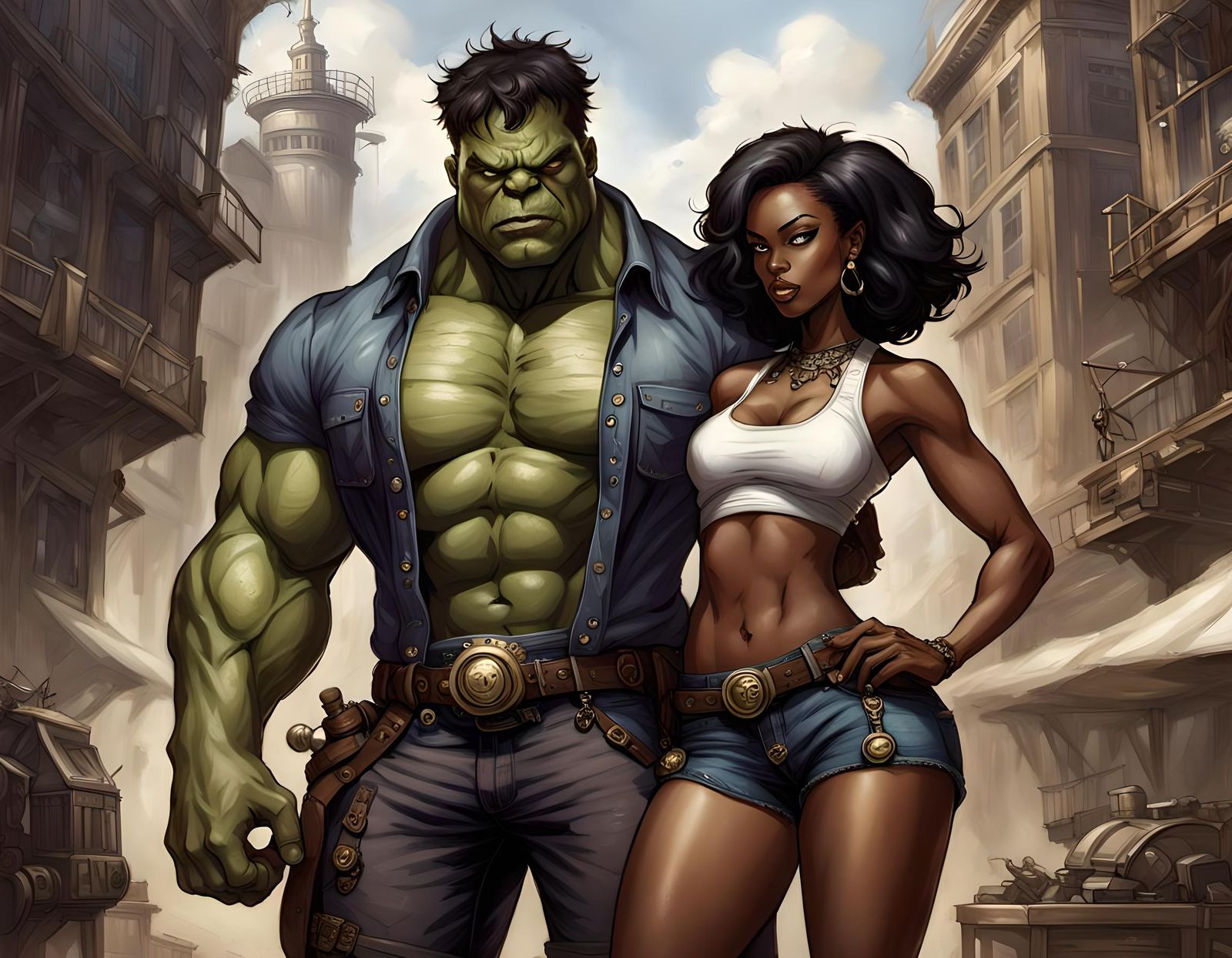 Steampunk Hulk with Woman: Fantasy Art