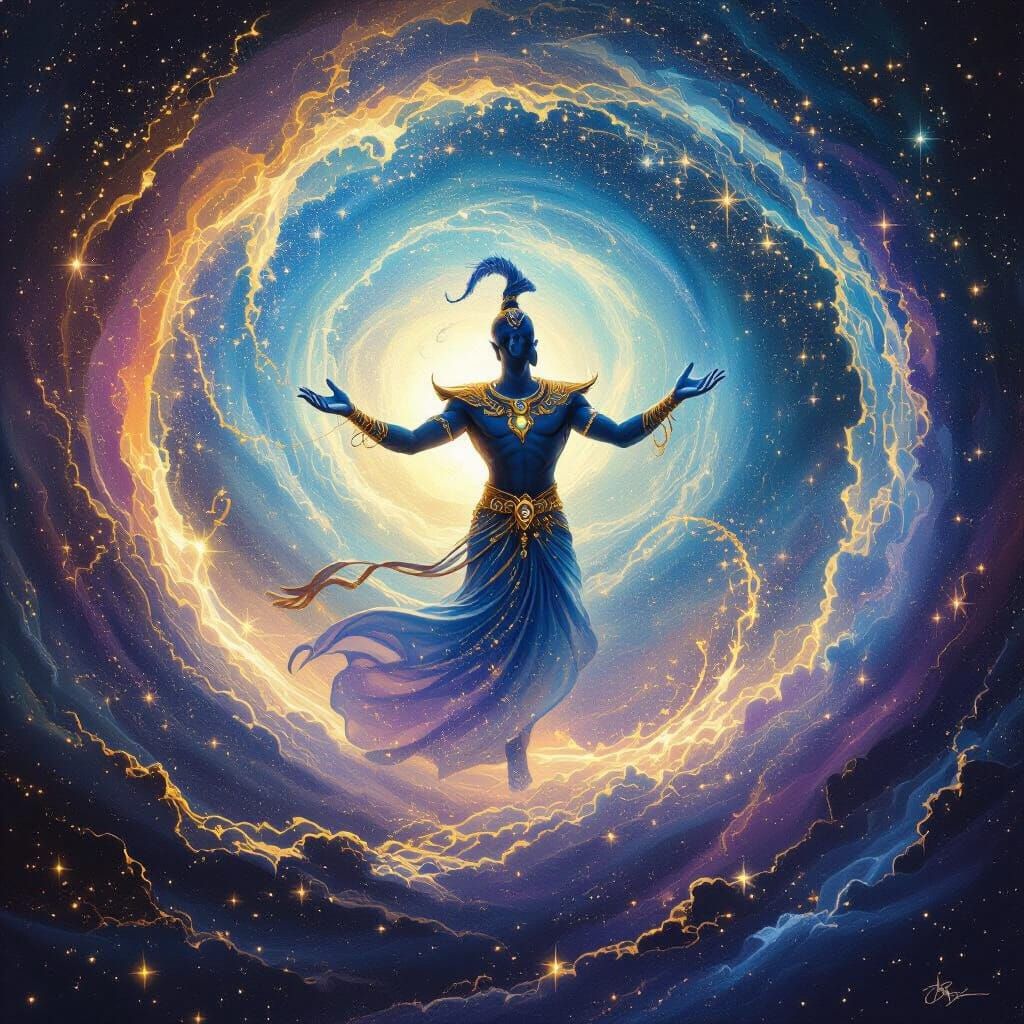 Mystical Genie Grants Wish Amidst Stardust Vortex