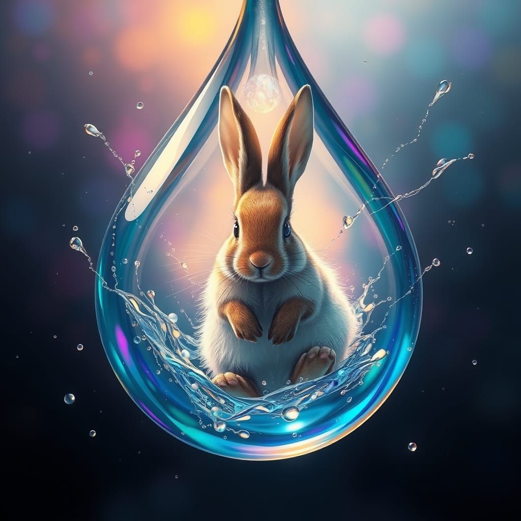 Majestic Rabbit in a Radiant Tear Drop with Iridescent Splas...