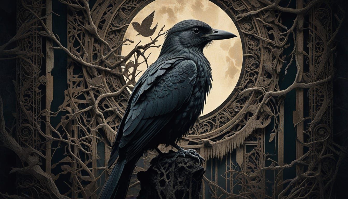 Surreal Collage of Exposed Bird in Moody, Atmospheric Scene