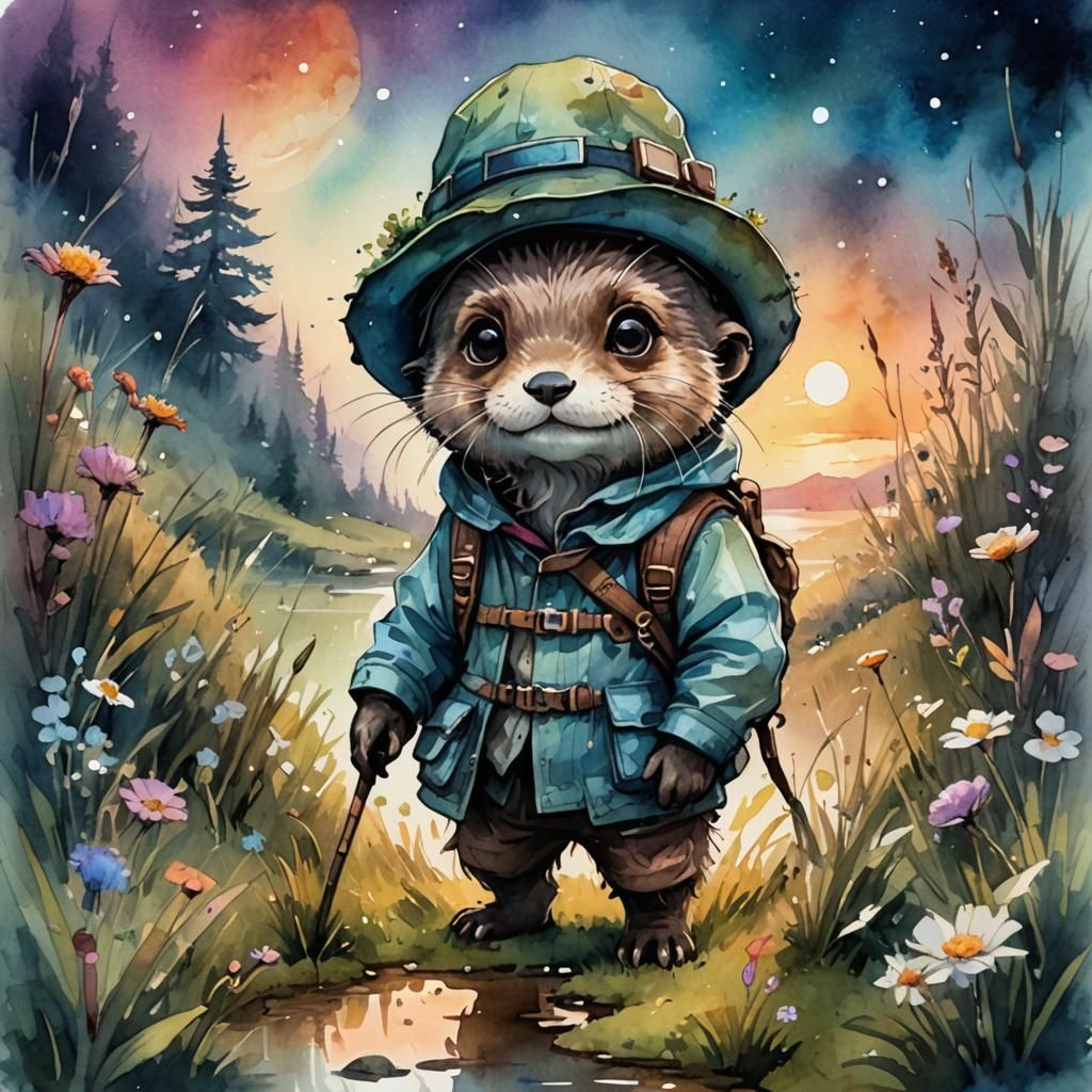 Cute Otter Hiker in Sci-Fi Meadow Watercolor