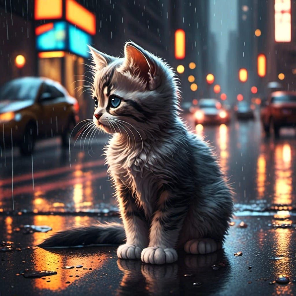 Sad Kitten in Rainy New York: Hyperrealistic