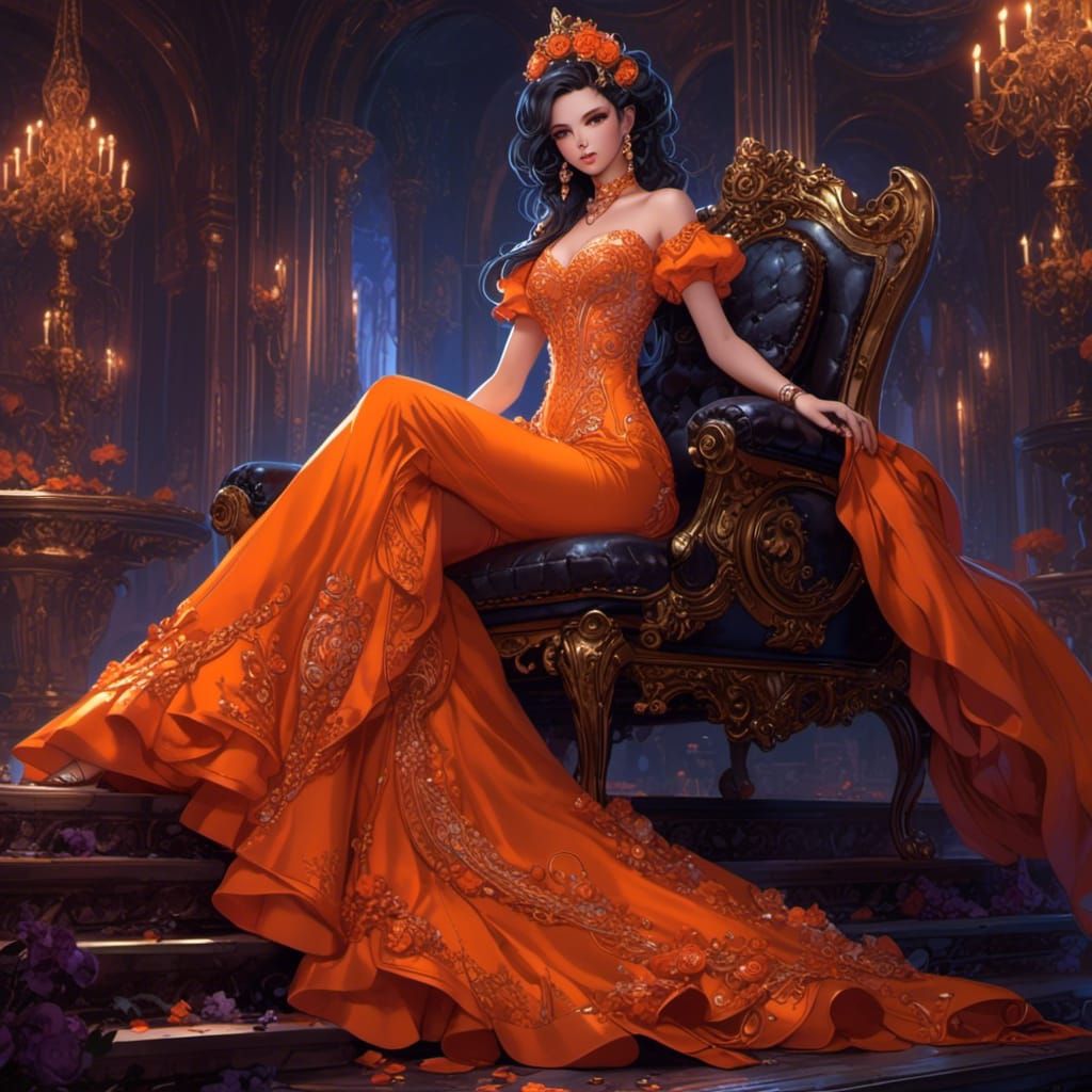 Anime Model in Luxurious Orange Spacecore Gown