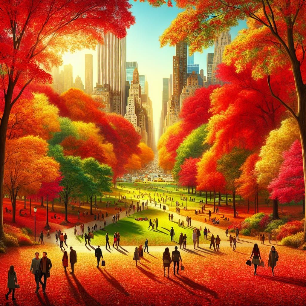 Vibrant Autumn Scene in Bustling City Park