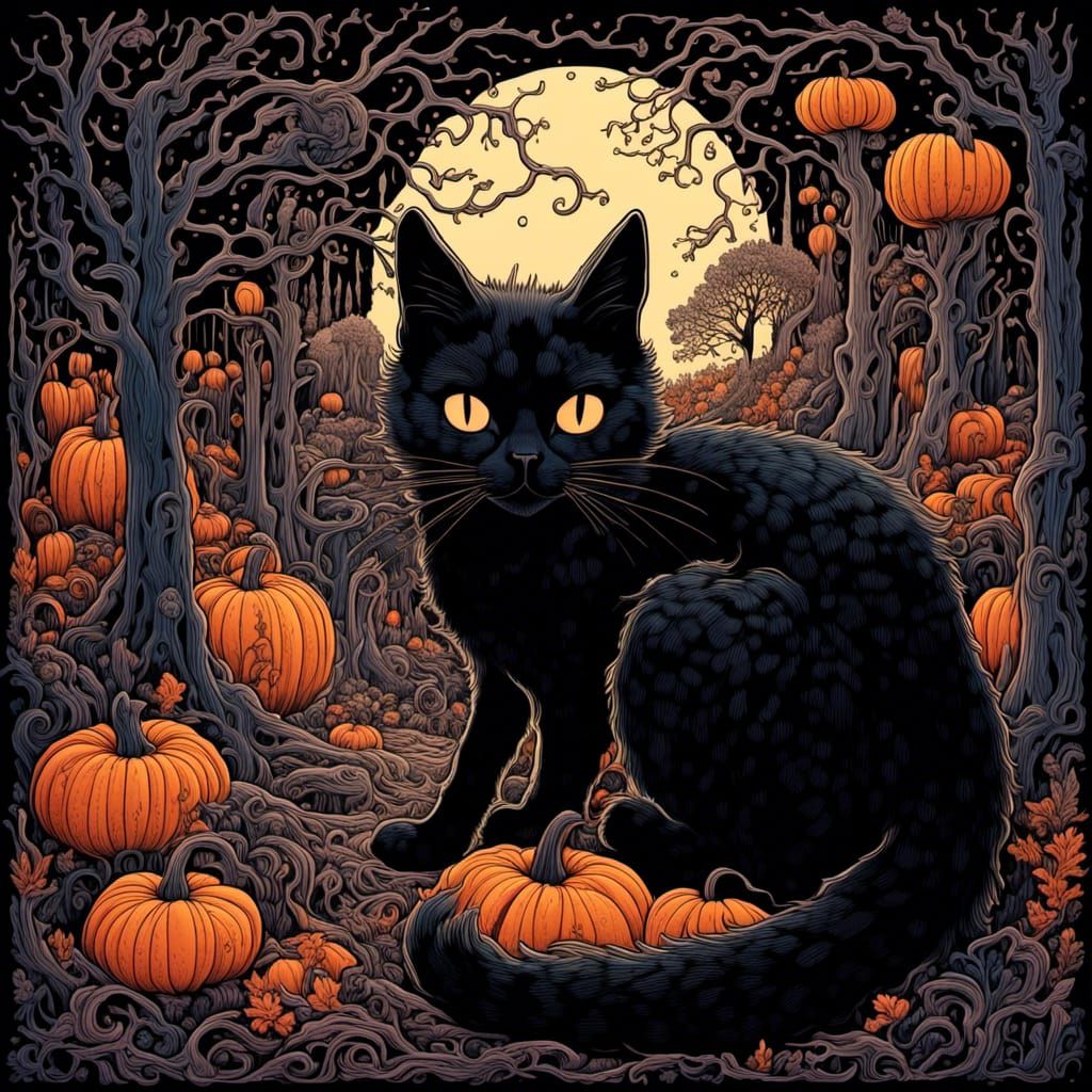 Black Cat and Pumpkin in Psychedelic Diorama Style