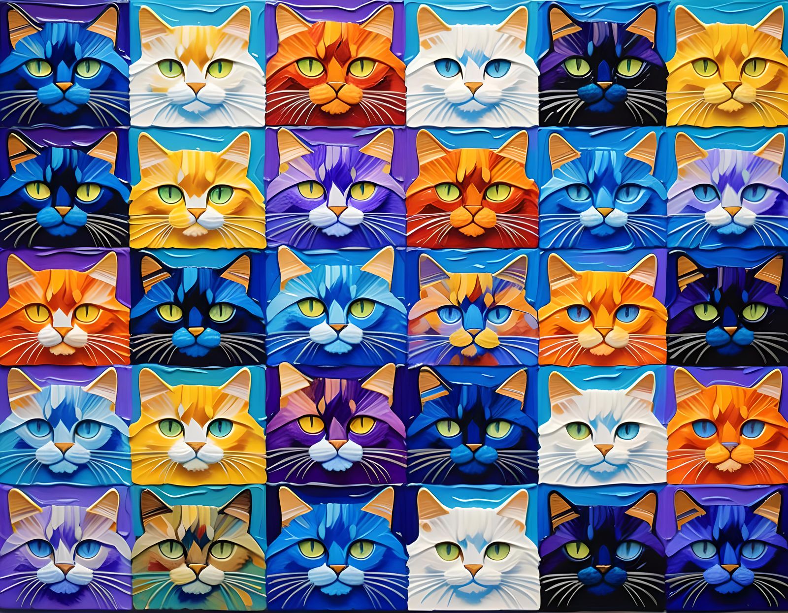 Vibrant Impasto Painting of Twelve Persian Cats