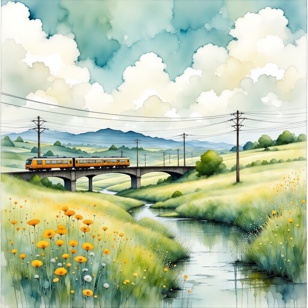 <lora:Liquid Ink Flux:1.0> <lora:Akimora:1.0> A charming local train crossing a bridge over a stream, surrounded by fiel...