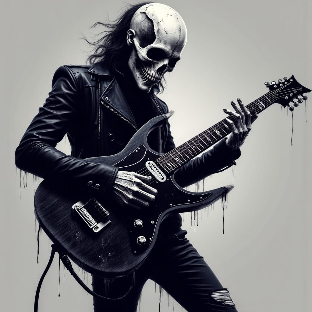 Skull-Faced Guitarist in Monochromatic Horror Art Style