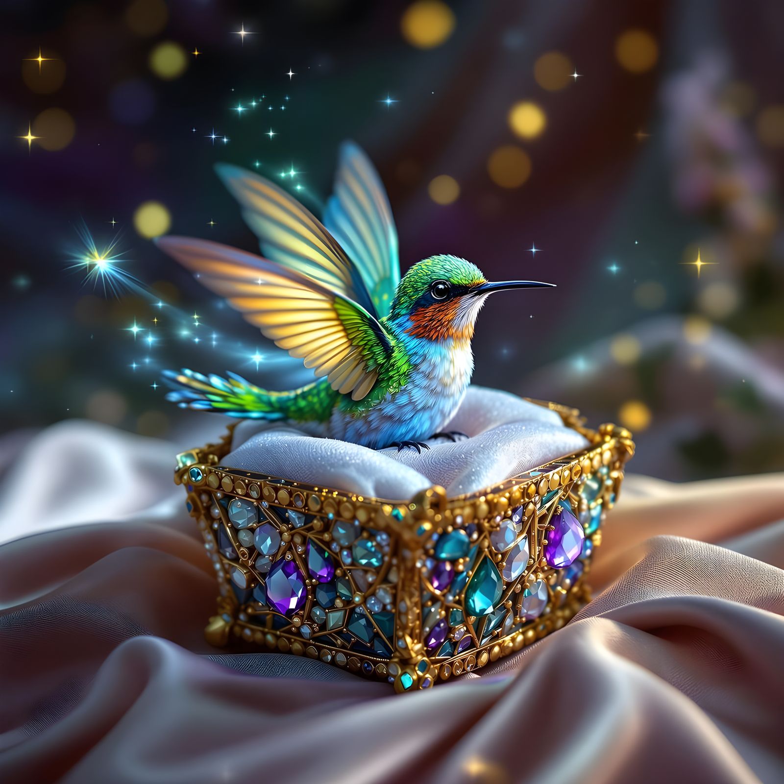 Magical Humming Bird in Jewel-Encrusted Box