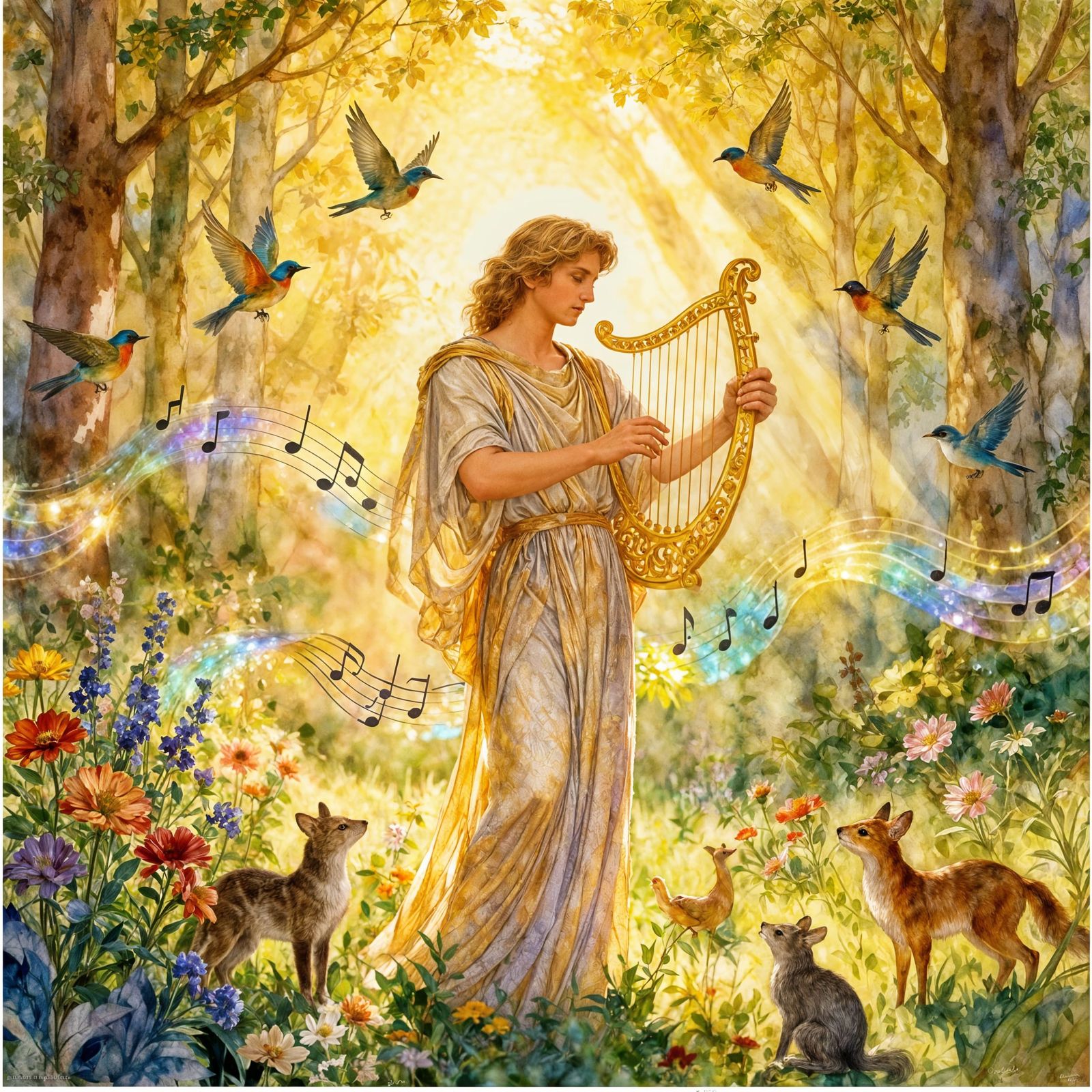 Orpheus Enchanting Forest Creatures with Lyre Music
