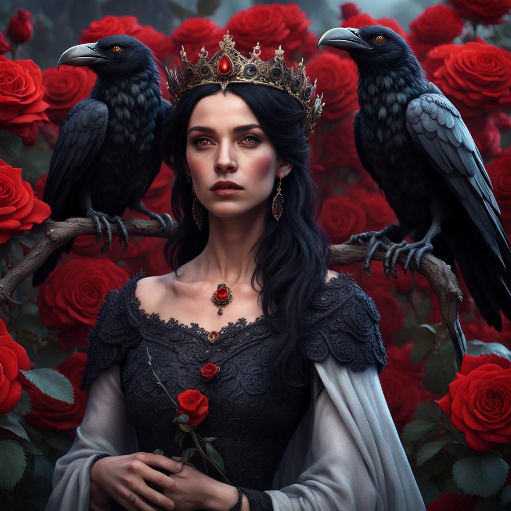 Raven Queen in Black Rose Garden: Fantasy Art