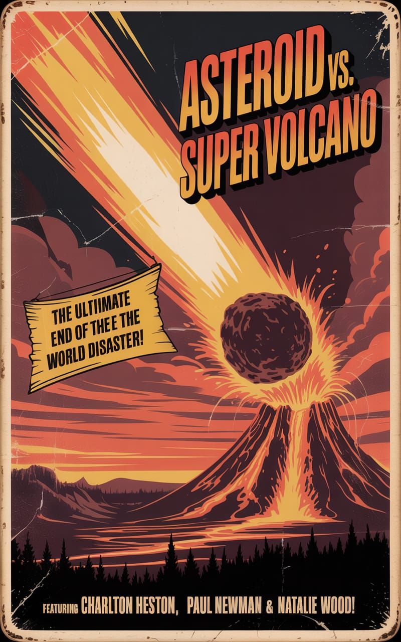 Asteroid vs Supervolcano: Retro Disaster Movie Poster